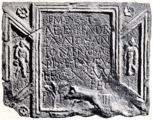 RIB 2198. Distance Slab of the Twentieth Legion[35] It was found near Cleddans. George MacDonald calls in no. 10 in the 2nd edition of his book The Roman Wall in Scotland.[36] It was destroyed in the Great Chicago Fire.