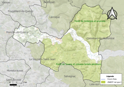 Carte des ZNIEFF de type 2 sur la commune.