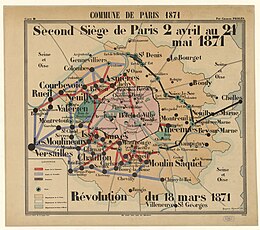 Carte montrant les mouvements des versaillais et des communards dans la banlieue Ouest de Paris