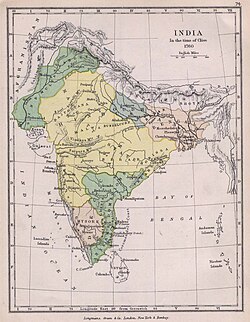 The Maratha Confederacy and controlled regions in 1760 near its peak (yellow)