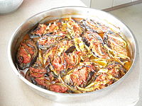 Karniyarik is a Turkish dish consisting of eggplant stuffed with a mix of sauteed chopped onions, garlic, black pepper, tomatoes, parsley and ground meat. Karniyarik.JPG