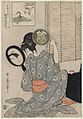 Takashima Ohisa bruger to spejle til at kontrollere sin frisure om natten ved Asakusa-festivalen, træstik, cirka 1795