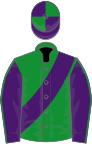 Emerald green, purple sash, purple sleeves, emerald green seams, emerald green and purple quartered cap