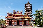 Fu, Lu and Shou statues on the roof of Ling San Temple, a Chinese folk religion's temple in Turan, Sabah, Malaysia