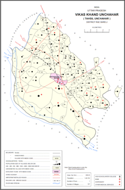 Map showing Khaliqpur Kalan (#210) in Unchahar CD block