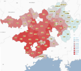 Esiintyminen Kiinan eteläosassa (maakuntatasoa tarkemmin).