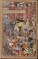 Akbar cavalca l'elefante Hawa'I inseguendo un altro elefante attraverso un ponte di barche che crolla (a destra), 1561