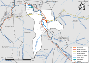 Carte en couleur présentant le réseau hydrographique de la commune