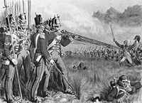 British infantry deployed in line prepare to repulse an advancing French column. Disciplined, short-range musket volleys, followed by a bayonet charge, usually drove off an attacker.