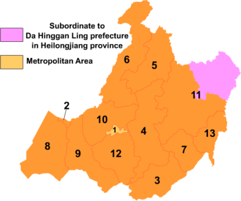 Carte d'Hulunbuir, présentant ses subdivisions numérotées de 1 à 13.