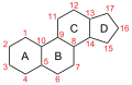 de: Struktur von Steran, nummeriert und Ringe bezeichnet; en: Structure of sterane, numbered and labeled rings