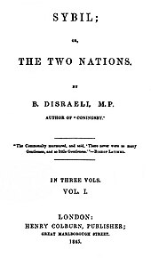 Coperta unei cărți, intitulată "Sybil; or, the Two Nations"