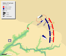 Giorno 6 fase 1, che mostra la manovra ai bianchi di Khālid al fianco sinistro bizantino mandando in rotta l'ala sinistra bizantina e le sue unità di cavalleria.