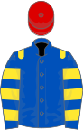 Royal blue, yellow epaulets, hooped sleeves, red cap