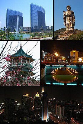 Clockwise from the top left: Wuxi International Software Park, the Ling Shan Grand Buddha on Mt. Longshan, night on the Kuntang Bridge over the old Grand Canal, downtown Wuxi, and the Meiyuan Nianpo Pagoda on Lake Tai.