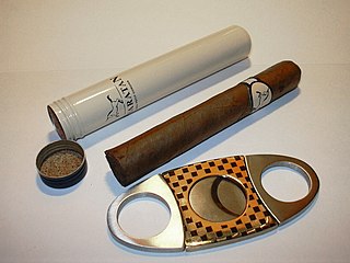 <span class="mw-page-title-main">Cigar</span> Rolled bundle of dried and fermented tobacco leaves made to be burned and smoked