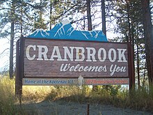 A sign in the shape of a mountain range welcomes visitors to Cranbrook, British Columbia