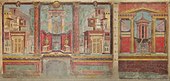 Restoration of a fresco from an Ancient Roman villa bedroom, circa 50-40 BC, dimensions of the room: 265.4 × 334 × 583.9 cm, in the Metropolitan Museum of Art (New York City)