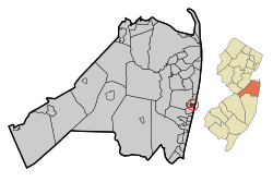 Location of Allenhurst in Monmouth County circled and highlighted in red (left). Inset map: Location of Monmouth County in New Jersey highlighted in orange (right).