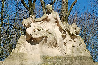 « La raza negra acogida por Bélgica » (Monumento a los pioneros belgas en el Congo, Cincuentenario, Bruselas).