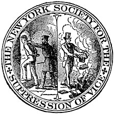 Symbol of New York Society for the Suppression of Vice, advocating book-burning