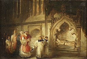 Painting of the Monument of Richard Stapleton in Exeter Cathedral (painting by S. A. Hart), showing a liturgical procession