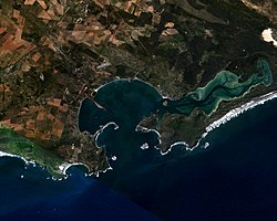 Satellite image of Saldanha Bay, with Langebaan Lagoon to the right (south) Saldanha Bay WW.jpg