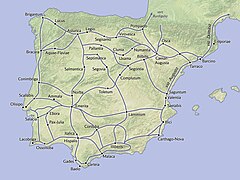 Carte des voies romaines sur les territoires actuels du Portugal et de l'Espagne, nommé Hispanie sous l'Empire Romain.