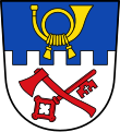 Gemeinde Eurasburg Im Zinnenschnitt geteilt von Blau und Silber; oben ein goldenes Posthorn, unten schräg gekreuzt eine rote Axt und ein roter Schlüssel.