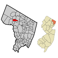 Map highlighting Waldwick's location within Bergen County. Inset: Bergen County's location within New Jersey