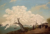 Tableau représentant un cerisier sur un bord de rivière par Takahashi Yuichi vers 1875.