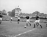 4. Minute: Buzánszky sichert den Ball vor dem hinter ihm heranstürmenden Schäfer und spielt das Leder zu seinem Torhüter zurück.