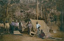 Overpainted albumen print of Aboriginal people and gold diggers near Rockhampton, around the 1860s, National Library of Australia Gold diggers Queensland.jpg