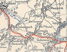 Carte de la ligne Bohain-Guise (tracé en rouge ; la gare de Grougis est symbolisée par un rectangle rouge).