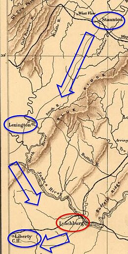 Old map with arrows showing route of Union army