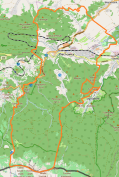 Mapa konturowa Piechowic, u góry znajduje się punkt z opisem „Piechowice”