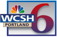 In a blue box with gray trim, the letters WCSH in a sans serif next to a serif 6 in a red-purple gradient and the NBC peacock.