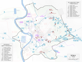 Plan de la Rome antique avec l'Aqua Traiana portant le numéro X.