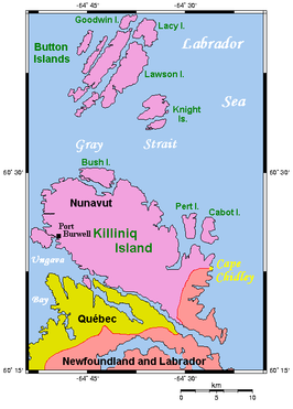 Landkaart van Killiniq Island en het omliggende gebied