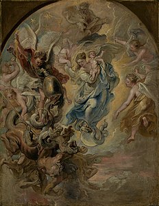 La Vierge Marie sous les traits de la Femme de l’Apocalypse, Pierre Paul Rubens. Projet peint à l'huile pour le maître-autel de la cathédrale de Freising, pour le compte du prince-évêque Vit-Adam.