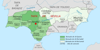 Taifa-Reich Sevilla unter Abu l-Qasim (Abbad I.) (dunkelgrün), Abbad II. al-Mu'tadid (grün) und Muhammad al-Mu’tamid (hellgrün)