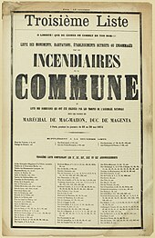 Affiche sépia avec une liste de lieux sur trois colonnes. Titre sur toute la largeur en plusieurs lignes, mettant en valeur les mots incendiaires et Commune.