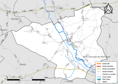 Carte en couleur présentant le réseau hydrographique de la commune