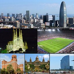 Kollage över Barcelona. Överst, från vänster: Barcelonas affärsdistrikt med Torre Glòries, Sagrada Família, fotbollsarenan Camp Nou, Castillo de los Tres Dragones, konstmuseet Museu Nacional d'Art de Catalunya, hotellet W Barcelona.