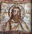 Mural painting from the catacomb of Commodilla. Bust of Christ, (one of the first bearded images of Christ) with alpha and omega. Late 4th century