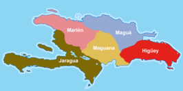 A map of Hispaniola depicting the five Taíno cacicazgos (chiefdoms) at the time of Christopher Columbus's arrival. The chiefdom of Marién is in the northwest, Jaragua is in the southwest, Maguana is in the center, Maguá is in the northeast, and Higüey is in the southeast.