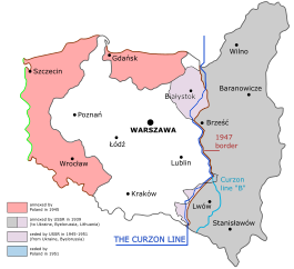 Poland's old and new borders, 1945 Curzon line en.svg