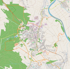 Mapa konturowa Leżajska, w centrum znajduje się punkt z opisem „Zespół Szkół Licealnych im. Bolesława Chrobrego w Leżajsku”