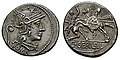 Servilia 6, denarius: Roma r.; lituus behind // Horseman spearing another horseman.