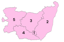 1 Ipswich, 2 Suffolk Coastal, 3 Waveney, 4 Mid Suffolk, 5 Babergh, 6 St Edmundsbury, 7 Forest Heath. Suffolk numbered districts 2019.svg